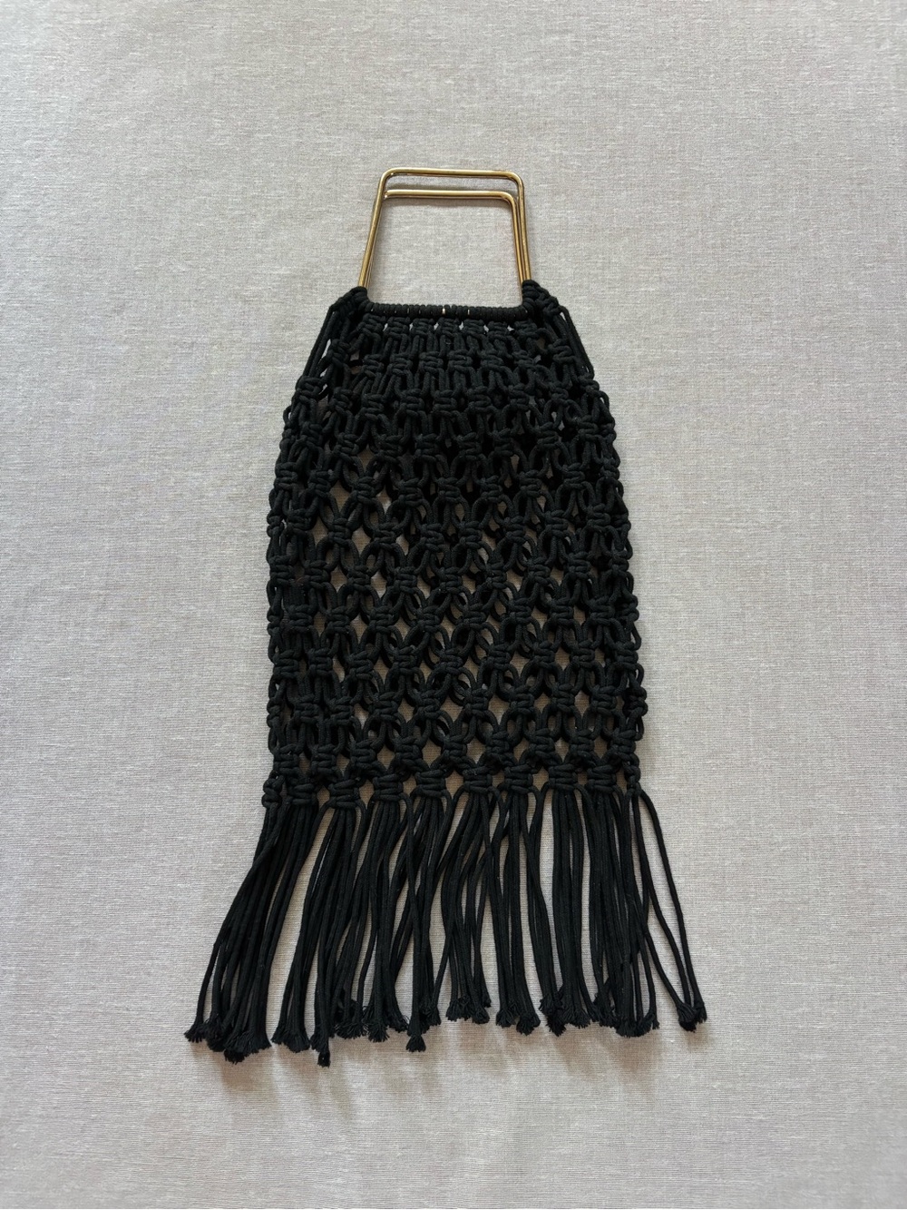 Black Macramé Fringe Handbag with Gold Handle